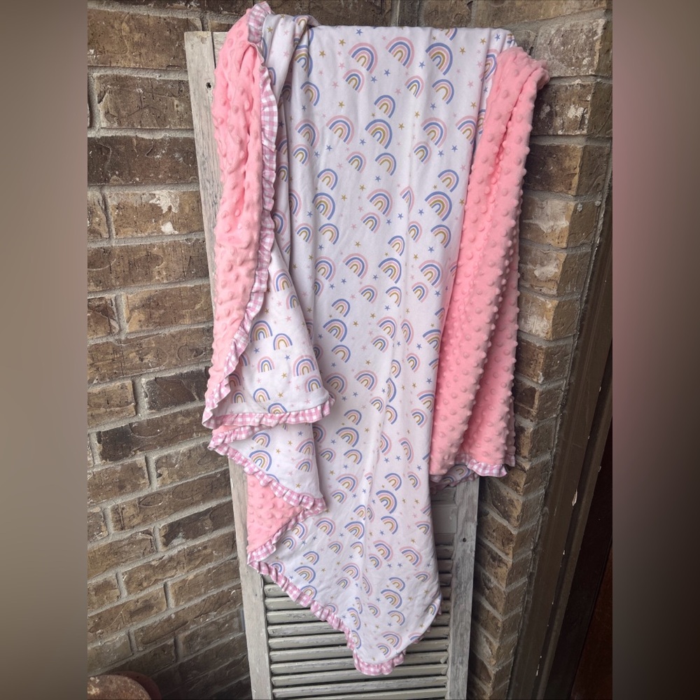 Smocked Sweets Rainbow Blanket 48x49 Minky Back. Excellent used condition!
